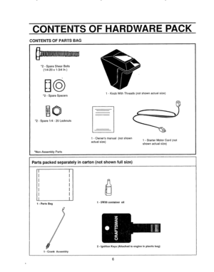 Page 6  
CONTENrsOFHAR 
CONTENTSOFPARTSBAG 
*2-SpareShearBolts 
(1/4-20xI-3/4In) REPACK 
D@ 
2-SpareSpacers 1-KnobWithThreads(notshownactua!size) 
*2-Spare1/4-20Locknuts 
1_Ownersmanua!(notshown 
actualsize) 1-StarterMotorCord(not 
shownac_ua_size) 
Non-AssemblyParts, 
Partspackedseparatelyincarton(notshownfullsize) 
q 
I 
l 
r 
I 
1-PartsBag 
t-CrankAssembly I 
I-5W30containeroil 
2-IgnitionKeys(Attachedtoengineinplasticbag) 
6  