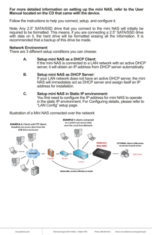 Page 2www.addonics.comTechnical Support (M-F 8:30am - 6:00pm PST)    Phone: 408-453-6212  Email: www.addonics.com/support/query/
For more detailed information on setting up the mini NAS, refer to the U\
ser 
Manual located on the CD that came with the device.
Follow the instructions to help you connect, setup, and configure it.
Note: Any 2.5” SATA/SSD drive that you connect to the mini NAS will initially be 
required to be formatted. This means, if you are connecting a 2.5” SATA/SSD drive 
with data on it, the...