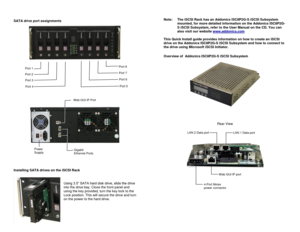 Page 2 
SATA drive port assignments 
  
 
 
 
 
 
 
 
 
 
 
  
 
 
 
 
 
Installing SATA drives on the iSCSI Rack 
 
  
Using 3.5” SATA hard disk drive, slide the drive 
into the drive bay. Close the front panel and 
using the key provided, turn the key lock to the 
Lock position. This will secure the drive and turn 
on the power to the hard drive. 
 
 
 
 
 
Note:  The iSCSI Rack has an Addonics ISC8P2G-S iSCSI Subsystem 
mounted, for more detailed information on the Addonics ISC8P2G-
S iSCSI Subsystem, refer...