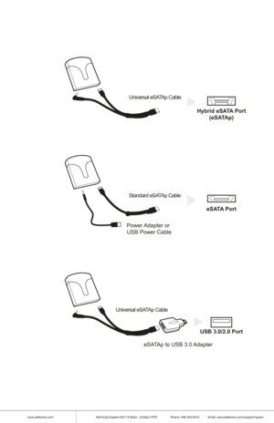 Page 3www.addonics.comTechnical Support (M-F 8:30am - 6:00pm PST)    Phone: 408-453-6212  Email: www.addonics.com/support/query/
Universal eSATAp Cable
Hybrid eSATA Port
(eSATAp)
Universal eSATAp Cable
eSATAp to USB 3.0 Adapter
USB 3.0/2.0 Port
Standard eSATAp Cable
eSATA Port
Power Adapter  or
USB Power Cable 