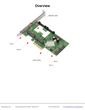 Page 2Overview
 
    www.addonics.com               Technical Support (M-F 8:30am - 6:00pm PST)                                 Phone: 408-453-6212            Email:www.addonics.com/support/query/
MSATA LED
Port 1
Port 0
Port 2
Port 3
SATA LEDs 