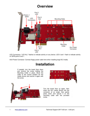 Page 2Overview
LED Connectors: “LED ALL” flashes to indicate activity on any device. LED 0 and 1 flash to indicate activity
on SATA ports 0 and 1.
AUX Power Connector: Connect floppy power cable here when installing large M.2 media.
1 www.addonics.com
Technical Support (M-F 8:30 am – 6:00 pm)
Ports 0, 1 
SATA LED 
Connectors Port 2 
M.2
Mounting Holes
Port 3  M.2 Mounting 
Collar Aux Power 
Connector
Port 2  LED
Port 3 LED 