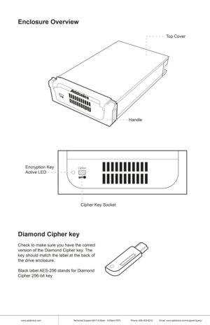 Page 2www.addonics.comTechnical Support (M-F 8:30am - 6:00pm PST)    Phone: 408-453-6212  Email: www.addonics.com/support/query/
Cipher
Enclosure Overview
Top Cover
Handle
Encryption Key
Active LED Cipher Key Socket
Diamond Cipher key
Check to make sure you have the correct 
version of the Diamond Cipher key. The 
key should match the label at the back of 
the drive enclosure.
Black label AES-256 stands for Diamond 
Cipher 256-bit key         