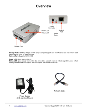 Page 2Overview
Storage Ports: eSATA (3.0Gbps) or USB (2.0). Each port supports one eSATA device and one or more USB
based devices, up to 16 physical drives.
Network Port: Supports 10/100/1000.
Power LED: glows when unit is on.
Status LED: glows steady when unit is idle, other states are dark or dim to indicate a problem, slow or fast
blinking between dark and bright or dim and bright to indicate the unit is busy.
1www.addonics.com
Technical Support (M-F 8:30 am – 6:00 pm)
Storage PortsPower LED
Status LEDPower...