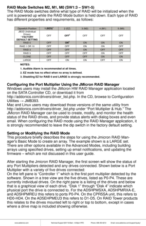 Page 6www.addonics.comTechnical Support (M-F 8:30am - 6:00pm PST)    Phone: 408-453-6212  Email: www.addonics.com/support/query/
RAID Mode Switches M2, M1, M0 (SW1:3 – SW1-5)
The RAID Mode switches define what type of RAID will be initialized when\
 the 
unit is powered up while the RAID Mode button is held down. Each type of\
 RAID 
has different properties and requirements, as follows:
 NOTES:
  1. Audible Alarm is recommended at all times.
  2. EZ mode has no effect when no array is defined.
  3. Disabling...