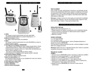 Page 11A
B
C
GH
F
ED
I
J
DESCRIPTION ET FONCTION DES PIÈCES
A. NOAA
Pour changer le mode de fonctionnement de la radio météo NOAA
(Surveillance/Veille/Silence/Éteint) et la bande de fréquences de 1 à 7.
B. Bouton de volume (< vol >) 
Pour régler le volume sonore selon votre préférence.
C. Radio
Pour changer le mode de fonctionnement de la radio (FM/AM/Éteint) et allumer et
éteindre la fonction d’alarme.
D. Afﬁchage/Sommeil/Réglage (DISP/SNZ/SET)
- Pour changer le mode d’afﬁchage de l’écran à cristaux liquides...