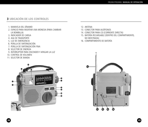 Page 2549
FR200/FR200GMANUAL DE OPERACIÓN
48
3UBICACIÓN DE LOS CONTROLES
MANIVELA DEL DÍNAMO
ESPACIO PARA INSERTAR UNA MONEDA (PARA CAMBIAR LA BOMBILLA)INDICADOR DE CARGA
ASA DE TRANSPORTELUZ DE EMERGENCIA
PERILLA DE SINTONIZACIÓN
PERILLA DE SINTONIZACIÓN FINA
SELECTOR DE ENERGÍA
INTERRUPTOR PARA ENCENDER Y APAGAR LA LUZ
CONTROL DE VOLUMEN
SELECTOR DE BANDA
4.
5.3.
7.6.
10.
2.
1.
9.8.
11 .
1.
2.
3.
4.5.6.7.8.9.
10.11.12. ANTENA
13. CONECTOR PARA AUDÍFONOS
14. CONECTOR PARA CD (CORRIENTE DIRECTA)
15. BATERÍA...