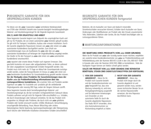 Page 1936
7BEGRENZTE GARANTIE FÜR DEN
URSPRÜNGLICHEN KUNDEN
37
BEGRENZTE GARANTIE FÜR DEN
URSPRÜNGLICHEN KUNDEN fortgesetzt
FR300BENUTZERHANDBUCH
Für dieses von der etónCorporation (etón) vertriebene Markenprodukt 
von ETON oder GRUNDIG besteht eine Garantie bezüglich herstellungsbedingter
Material und Verarbeitungsmängel für die folgende begrenzte Garantiezeit:
EIN (1) JAHR FÜR ERSATZTEILE UND ARBEIT
Diese begrenzte Garantie beginnt zum Zeitpunkt des ursprünglichen Kaufs und
gilt nur für Produkte, die von...