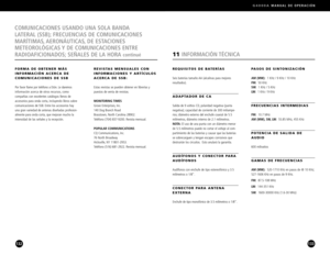 Page 67G4000AMANUAL DE OPERACIÓN 
133
PASOS DE SINTONIZACIÓN
AM (MW):1 KHz / 9 KHz / 10 KHz
FM:50 KHz
SW:1 KHz / 5 KHz
LW:1 KHz / 9 KHz
FRECUENCIAS INTERMEDIAS
FM:10.7 MHz
AM (MW), SW, LW:55.85 MHz, 455 KHz
POTENCIA DE SALIDA DE
AUDIO
600 milivatios
GAMAS DE FRECUENCIAS
AM (MW):5201710 KHz en pasos de @ 10 KHz;
5271606 KHz en pasos de 9 KHz.
FM:87.5108 MHz
LW:144351 KHz
SW:160030000 KHz (1.630 MHz)
REQUISITOS DE BATERÍAS
Seis baterías tamaño AA (alcalinas para mejores 
resultados).
ADAPTADOR DE CA
Salida de 9...