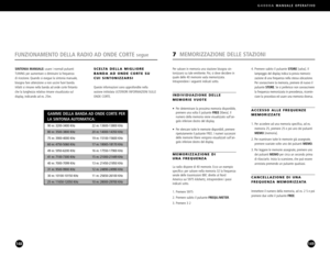 Page 75G4000AMANUALE OPERATIVO
149
4. Premere subito il pulsante STORE[salva]. Il 
lampeggio del display indica la previa memoriz
zazione di una frequenza nella stessa ubicazione.
Per sovrascrivere la memoria, premere di nuovo ilpulsante 
STORE. Se si preferisce non sovrascrivere
la frequenza memorizzata in precedenza, ricomin
ciare la procedura ed usare una memoria diversa.
ACCESSO ALLE FREQUENZE
MEMORIZZATE
1. Per accedere ad una memoria specifica, ad es.
memoria 25, premere 25 e poi uno dei pulsanti...