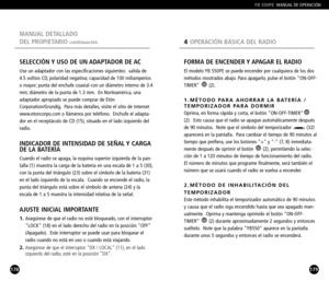 Page 90179
FORMA DE ENCENDER Y APAGAR EL RADIO
El modelo YB 550PE se puede encender por cualquiera de los dos
métodos mostrados abajo. Para apagarlo, pulse el botón ONOFF
TIMER (2).
1. MÉTODO PARA AHORRAR LA BATERÍA /
TEMPORIZADOR PARA DORMIR
Oprima,en forma rápida y corta, el botón ONOFFTIMER
(2). Esto causa que el radio se apague automáticamente después
de 90 minutos. Note que el símbolo del temporizador  (32)
aparecerá en la pantalla. Para cambiar el tiempo de 90 minutos al
tiempo que prefiera, use los...