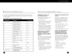 Page 41E10BENUTZERHANDBUCH
8180
CODES ZUR SYSTEMEINSTELLUNG fortgesetzt
ÄNDERN DER CODES ZUR 
SYSTEMEINSTELLUNG
Zur Eingabe eines gewünschten Systemcodes den
unten aufgeführten Schritten folgen:
1. Das Radio ausschalten.
2. Die Taste SYSTEM SET (20) drücken und wieder
loslassen. Anmerkung: In der oberen rechten
Ecke der Anzeige erscheint   (51) und dieUhrzeit wird ausgeblendet.
3. Innerhalb von 5 Sekunden mit den Zifferntasten
den gewünschten Zahlencode eingeben und
dann sofort die Taste SYSTEM SET drücken und...