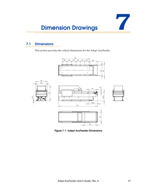 Page 47Adept AnyFeeder User’s Guide, Rev. A  47
Dimension Drawings7
7.1 Dimensions
This section provides the critical dimensions for the Adept AnyFeeder.
Figure 7-1. Adept AnyFeeder Dimensions
2.50
332
434
268
320
240
1125244.50197
237.5038
236 800
284
309
125 125 125 125 125 125 