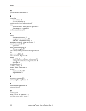 Page 50Index
50 Adept AnyFeeder User’s Guide, Rev. A
Q
qualification of personnel 12
R
removing
feed surface 42
packing material 16
requirements, AnyFeeder system 27
risks
due to incorrect installation or operation 13
that cannot be avoided 13
routine maintenance 41
S
safety
during maintenance 13
equipment for operators 12
risks that cannot be avoided 13
sending commands to the AnyFeeder 29
serial commands 29–30
syntax 29
serial communications 28
dialog examples 35
serial port, setting communication parameters...