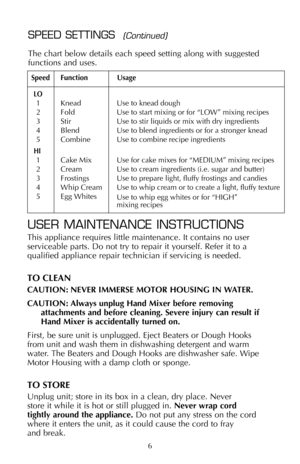 Page 7USER MAINTENANCE INSTRUCTIONS
This appliance requires little maintenance. It contains no user
serviceable parts. Do not try to repair it yourself. Refer it to a
qualified appliance repair technician if servicing is needed.
TO CLEAN
CAUTION: NEVER IMMERSE MOTOR HOUSING IN WATER. 
CAUTION: Always unplug Hand Mixer before removing
attachments and before cleaning. Severe injury can result if
Hand Mixer is accidentally turned on.
First, be sure unit is unplugged. Eject Beaters or Dough Hooks
from unit and...