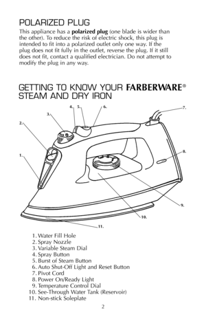 Page 31. Water Fill Hole
2. Spray Nozzle
3. Variable Steam Dial
4. Spray Button
5. Burst of Steam Button
6. Auto Shut-Off Light and Reset Button
7. Pivot Cord
8. Power On/Ready Light
9. Temperature Control Dial
10. See-Through Water Tank (Reservoir)
11. Non-stick Soleplate
2
6.
7. 5. 4.
3.
2.
1.8.
10.9.
11.
POLARIZED PLUG
This appliance has a polarized plug(one blade is wider than
the other). To reduce the risk of electric shock, this plug is
intended to fit into a polarized outlet only one way. If the
plug...