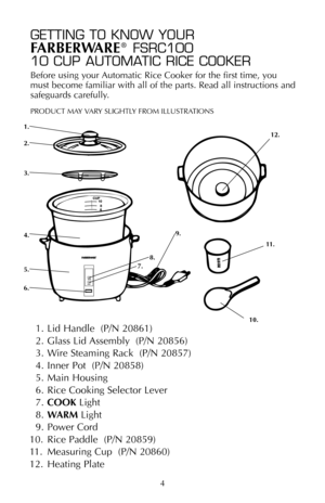 Page 5GETTING TO KNOW YOUR 
FARBERWARE®FSRC100 
10 CUP AUTOMATIC RICE COOKER
Before using your Automatic Rice Cooker for the first time, you
must become familiar with all of the parts. Read all instructions and
safeguards carefully.
4
1. Lid Handle  (P/N 20861)
2. Glass Lid Assembly  (P/N 20856)
3. Wire Steaming Rack  (P/N 20857)
4. Inner Pot  (P/N 20858)
5. Main Housing
6. Rice Cooking Selector Lever 
7.COOKLight
8.WARMLight
9. Power Cord
10. Rice Paddle  (P/N 20859)
11. Measuring Cup  (P/N 20860)
12. Heating...