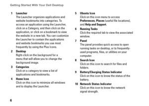 Page 66
Getting Started With Your Dell Desktop 
1Launcher
The Launcher organizes applications and 
website bookmarks into categories To 
access an application using the Launcher, 
click on a Category, and then click on the 
application, or click on a bookmark to view 
the website in a new tab  You can customize 
the Launcher to contain the applications 
and website bookmarks you use most 
frequently by using the Plus Icons
2Desktop
Right-click on the background for a 
menu that will allow you to...