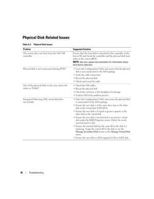 Page 38
36Troubleshooting
Physical Disk Related Issues
Table 6-2. Physical Disk IssuesProblem Suggested Solution
The system does not boot from the SAS 5/iR 
controller. Ensure that the boot disk is a
ttached to the controller at the 
lowest ID and check the controller and the physical disk boot 
order in the system BIOS.
NOTE: See your system documenta tion for information about 
boot device selection.
Physical disk is not enumerated during POST.
 Go to the Configuration Utility  and ensure that the physical...