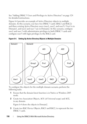 Page 116116Using the DRAC 5 With Microsoft Active Directory
See Adding DRAC 5 Users and Privileges to Active Directory on page 124 
for detailed instructions.
Figure 6-4 provides an example of Active Directory objects in multiple 
domains. In this scenario, you have two DRAC 5 cards (RAC1 and RAC2) 
and three existing Active Directory users (user1, user2, and user3). User1 is in 
Domain1, and user2 and user 3 are in Domain2. In this scenario, configure 
user1 and user 2 with administrator privileges to both DRAC...