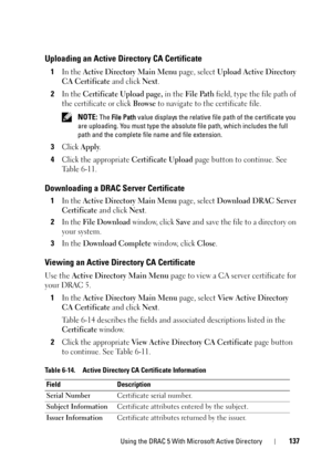 Page 137Using the DRAC 5 With Microsoft Active Directory137
Uploading an Active Directory CA Certificate
1In the Active Directory Main Menu page, select Upload Active Directory 
CA Certificate
 and click Next.
2In the Certificate Upload page, in the File Path field, type the file path of 
the certificate or click 
Browse to navigate to the certificate file.
 NOTE: The File Path value displays the relative file path of the certificate you 
are uploading. You must type the absolute file path, which includes the...
