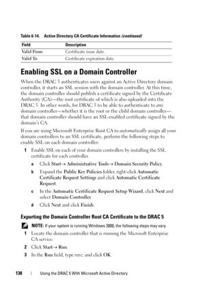Page 138138Using the DRAC 5 With Microsoft Active Directory
Enabling SSL on a Domain Controller
When the DRAC 5 authenticates users against an Active Directory domain 
controller, it starts an SSL session with the domain controller. At this time, 
the domain controller should publish a certificate signed by the Certificate 
Authority (CA)—the root certificate of which is also uploaded into the 
DRAC 5. In other words, for DRAC 5 to be able to authenticate to any 
domain controller—whether it is the root or the...