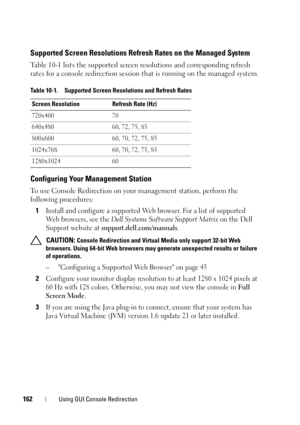 Page 162162Using GUI Console Redirection
Supported Screen Resolutions Refresh Rates on the Managed System
Table 10-1 lists the supported screen resolutions and corresponding refresh 
rates for a console redirection session that is running on the managed system.
Configuring Your Management Station
To use Console Redirection on your management station, perform the 
following procedures:
1
Install and configure a supported Web browser. For a list of supported 
Web browsers, see the 
Dell Systems Software Support...