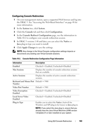 Page 163Using GUI Console Redirection163
Configuring Console Redirection
1On your management station, open a supported Web browser and log into 
the DRAC 5. See Accessing the Web-Based Interface on page 48 for 
more information.
2In the System tree, click System.
3Click the Console tab and then click Configuration.
4In the Console Redirect Configuration page, use the information in 
Table 10-2 to configure your console redirection session.
5In DRAC 5 versions 1.40 and later, you can select the Native or...
