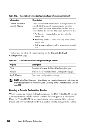 Page 164164Using GUI Console Redirection
The buttons in Table 10-3 are available on the Console Redirect 
Configuration page.
 NOTE: With DRAC 5 version 1.30 and later, you can disable console redirection for 
a remote user. For more information, see Disabling DRAC 5 Remote Virtual KVM on 
page 214.
Opening a Console Redirection Session
When you open a console redirection session, the Dell Virtual KVM Viewer 
Application starts and the remote systems desktop appears in the viewer. 
Using the Virtual KVM Viewer...