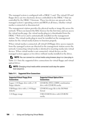 Page 184184Using and Configuring Virtual Media
The managed system is configured with a DRAC 5 card. The virtual CD and 
floppy drives are two electronic devices embedded in the DRAC 5 that are 
controlled by the DRAC 5 firmware. These two devices are present on the 
managed system’s operating system and BIOS at all times, whether virtual 
media is connected or disconnected. 
The management station provides the physical media or image file across the 
network. When you launch the RAC browser for the first time...