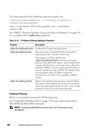 Page 226226Configuring Security Features
The login proceeds if the following expression equals zero:
cfgRacTuneIpRangeMask & ( ^ 
cfgRacTuneIpRangeAddr)
where & is the bitwise AND of the quantities and ^ is the bitwise 
exclusive-OR.
See DRAC 5 Property Database Group and Object Definitions on page 345 
for a complete list of cfgRacTune properties.
Enabling IP Filtering
Below is an example command for IP filtering setup.
See Using RACADM Remotely on page 78 for more information about 
RACADM and RACADM commands....