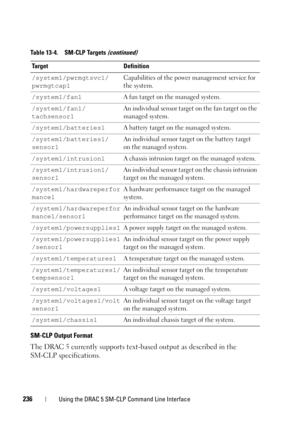 Page 236236Using the DRAC 5 SM-CLP Command Line Interface
SM-CLP Output Format
The DRAC 5 currently supports text-based output as described in the 
SM-CLP specifications. 
/system1/pwrmgtsvc1/
pwrmgtcap1Capabilities of the power management service for 
the system.
/system1/fan1A fan target on the managed system.
/system1/fan1/
tachsensor1An individual sensor target on the fan target on the 
managed system.
/system1/batteries1A battery target on the managed system.
/system1/batteries1/
sensor1An individual sensor...