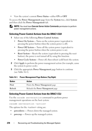 Page 278278Recovering and Troubleshooting the Managed System
• View the system’s current Po w e r  S t a t u s—either ON or OFF.
To access the Po w e r  M a n a g e m e n t page from the System tree, click System 
and then click the Power Management tab.
 NOTE: You must have Execute Server Action Commands permission to perform 
power management actions. 
Selecting Power Control Actions from the DRAC 5 GUI
1Select one of the following Power Control Actions.
• Power On System— Turns on the system power (equivalent...