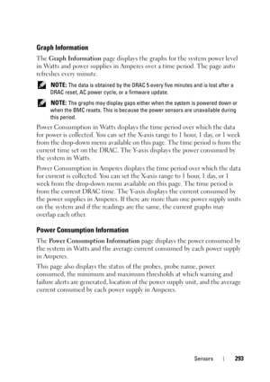 Page 293Sensors293
Graph Information
The Graph Information page displays the graphs for the system power level 
in Watts and power supplies in Amperes over a time period. The page auto 
refreshes every minute.
 NOTE: The data is obtained by the DRAC 5 every five minutes and is lost after a 
DRAC reset, AC power cycle, or a firmware update.
 
NOTE: The graphs may display gaps either when the system is powered down or 
when the BMC resets. This is because the power sensors are unavailable during 
this period....