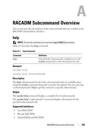Page 295RACADM Subcommand Overview295
A
RACADM Subcommand Overview
This section provides descriptions of the subcommands that are available in the 
RACADM command line interface.
help
 NOTE: To use this command, you must have Log In DRAC 5 permission. 
Table A-1 describes the help command.
Synopsis
racadm help
racadm help 
Description
The help subcommand lists all of the subcommands that are available when 
using the 
racadm command along with a one-line description. You may also type 
a subcommand after 
help...