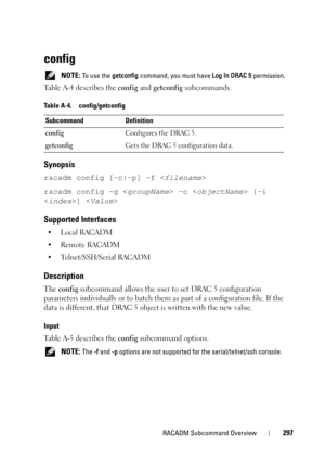 Page 297RACADM Subcommand Overview297
config
 NOTE: To use the getconfig command, you must have Log In DRAC 5 permission.
Table A-4 describes the config and getconfig subcommands.
Synopsis
racadm config [-c|-p] -f 
racadm config -g  -o  [-i 
] 
Supported Interfaces
•Local RACADM
• Remote RACADM
• Telnet/SSH/Serial RACADM
Description
The config subcommand allows the user to set DRAC 5 configuration 
parameters individually or to batch them as part of a configuration file. If the 
data is different, that DRAC 5...
