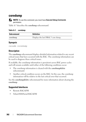 Page 302302RACADM Subcommand Overview
coredump
 NOTE: To use this command, you must have Execute Debug Commands 
permission.
Table A-7 describes the coredump subcommand.
Synopsis
racadm coredump
Description
The coredump subcommand displays detailed information related to any recent 
critical issues that have occurred with the RAC. The coredump information can 
be used to diagnose these critical issues.
If available, the coredump information is persistent across RAC power cycles 
and will remain available until...