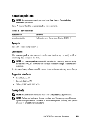 Page 303RACADM Subcommand Overview303
coredumpdelete
 NOTE: To use this command, you must have Clear Logs or Execute Debug 
Commands permission.
Table A-8 describes the coredumpdelete subcommand.
Synopsis
racadm coredumpdelete
Description
The coredumpdelete subcommand can be used to clear any currently resident 
coredump data stored in the RAC.
 NOTE: If a coredumpdelete command is issued and a coredump is not currently 
stored in the RAC, the command will display a success message. This behavior is 
expected....
