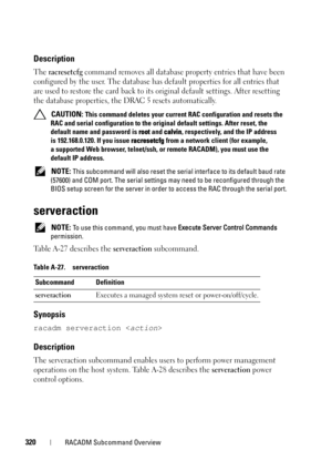 Page 320320RACADM Subcommand Overview
Description
The racresetcfg command removes all database property entries that have been 
configured by the user. The database has default properties for all entries that 
are used to restore the card back to its original default settings. After resetting 
the database properties, the DRAC 5 resets automatically.
 CAUTION: This command deletes your current RAC configuration and resets the 
RAC and serial configuration to the original default settings. After reset, the...
