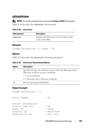 Page 331RACADM Subcommand Overview331
sslcertview
 NOTE: To use this command, you must have Configure DRAC 5 permission.
Table A-38 describes the sslcertview subcommand.
Synopsis
racadm sslcertview -t  [-A]
Options
Table A-39 describes the sslcertview subcommand options.
Output Example
racadm sslcertview -t 1
Serial Number : 00
Subject Information:
Country Code (CC) : US
State (S) : Texas
Locality (L) : Round Rock
Organization (O) : Dell Inc.
Table A-38. sslcertview
Subcommand Description
sslcertviewDisplays the...