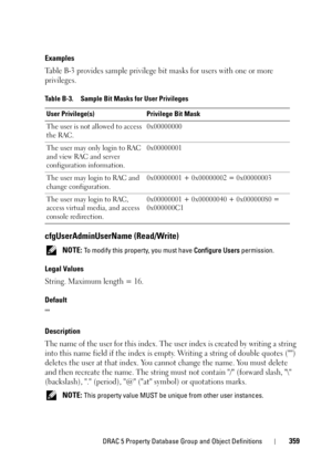 Page 359DRAC 5 Property Database Group and Object Definitions359
Examples
Table B-3 provides sample privilege bit masks for users with one or more 
privileges.
cfgUserAdminUserName (Read/Write)
 NOTE: To modify this property, you must have Configure Users permission.
Legal Values
String. Maximum length = 16.
Default

Description
The name of the user for this index. The user index is created by writing a string 
into this name field if the index is empty. Writing a string of double quotes () 
deletes the user at...