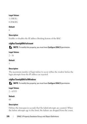 Page 376376DRAC 5 Property Database Group and Object Definitions
Legal Values
1 (TRUE)
0 (FALSE)
Default
0
Description
Enables or disables the IP address blocking feature of the RAC.
cfgRacTuneIpBlkFailcount
 NOTE: To modify this property, you must have Configure DRAC 5 permission.
Legal Values
2 – 16
Default
5
Description
The maximum number of login failure to occur within the window before the 
login attempts from the IP address are rejected.
cfgRacTuneIpBlkFailWindow
 NOTE: To modify this property, you must...
