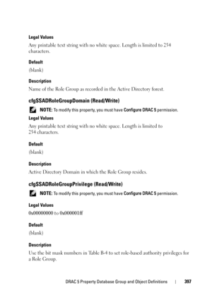 Page 397DRAC 5 Property Database Group and Object Definitions397
Legal Values
Any printable text string with no white space. Length is limited to 254 
characters.
Default
(blank)
Description
Name of the Role Group as recorded in the Active Directory forest.
cfgSSADRoleGroupDomain (Read/Write)
 NOTE: To modify this property, you must have Configure DRAC 5 permission.
Legal Values
Any printable text string with no white space. Length is limited to 
254 characters.
Default
(blank)
Description
Active Directory...