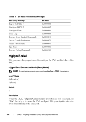 Page 398398DRAC 5 Property Database Group and Object Definitions
cfgIpmiSerial
This group specifies properties used to configure the IPMI serial interface of the 
BMC.
cfgIpmiSerialConnectionMode (Read/Write)
 NOTE: To modify this property, you must have Configure DRAC 5 permission.
Legal Values
0 (Terminal)
1 (Basic)
Default
1
Description
When the DRAC 5 cfgSerialConsoleEnable property is set to 0 (disabled), the 
DRAC 5 serial port becomes the IPMI serial port. This property determines the 
IPMI defined mode...