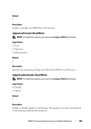 Page 405DRAC 5 Property Database Group and Object Definitions405
Default
1
Description
Enables or disables the IPMI-Over-LAN interface.
cfgIpmiLanPrivLimit (Read/Write)
 NOTE: To modify this property, you must have Configure DRAC 5 permission.
Legal Values
2 (User)
3 (Operator)
4 (Administrator)
Default
0
Description
Specifies the maximum privilege level allowed for IPMI over LAN access.
cfgIpmiLanAlertEnable (Read/Write)
 NOTE: To modify this property, you must have Configure DRAC 5 permission.
Legal Values
0...