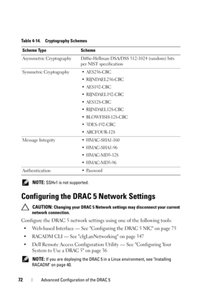 Page 7272Advanced Configuration of the DRAC 5
 NOTE: SSHv1 is not supported.
Configuring the DRAC 5 Network Settings
 CAUTION: Changing your DRAC 5 Network settings may disconnect your current 
network connection.
Configure the DRAC 5 network settings using one of the following tools:
• Web-based Interface — See Configuring the DRAC 5 NIC on page 75
• RACADM CLI — See cfgLanNetworking on page 347
•
Dell Remote Access Configuration Utility — See Configuring Your 
System to Use a DRAC 5 on page 36
 NOTE: If you...