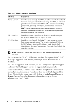 Page 7474Advanced Configuration of the DRAC 5
 NOTE: The DRAC 5 default user name is root and the default password is 
calvin.
You can access the DRAC 5 Web-based interface through the DRAC 5 NIC 
by using a supported Web browser, or through Server Administrator or IT 
Assistant.
For a list of supported Web browsers, see the Dell Systems Software Support 
Matrix on the Dell Support website at support.dell.com/manuals.
To access the DRAC 5 remote access interface using Server Administrator, 
launch Server...