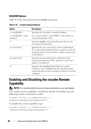 Page 8080Advanced Configuration of the DRAC 5
RACADM Options
Table 4-19 lists the options for the racadm command.
Enabling and Disabling the racadm Remote 
Capability
 NOTE: It is recommended that you run these commands on your local system.
The racadm remote capability is enabled by default. If disabled, type the 
following racadm command to enable:
racadm config -g cfgRacTuning -o 
cfgRacTuneRemoteRacadmEnable 1
To disable the remote capability, type:
racadm config -g cfgRacTuning -o...