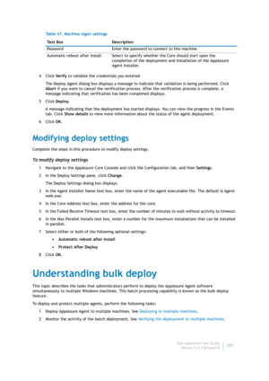 Page 103Dell AppAssure User Guide
Version 5.4.3 Revision B101 4Click Ve r i f y to validate the credentials you entered.
The Deploy Agent dialog box displays a message to indicate that validation is being performed. Click 
Abort if you want to cancel the verification process. After the verification process is complete, a 
message indicating that verification has been completed displays.
5Click Deploy.
A message indicating that the deployment has started displays. You can view the progress in the Events 
tab....