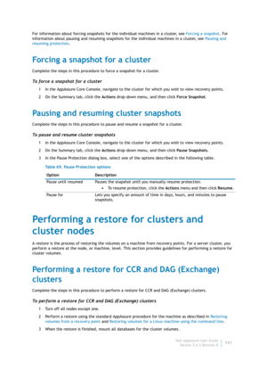 Page 143Dell AppAssure User Guide
Version 5.4.3 Revision B141 For information about forcing snapshots for the individual machines in a cluster, see Forcing a snapshot. For 
information about pausing and resuming snapshots for the individual machines in a cluster, see Pausing and 
resuming protection.
Forcing a snapshot for a cluster
Complete the steps in this procedure to force a snapshot for a cluster.
To force a snapshot for a cluster
1 In the AppAssure Core Console, navigate to the cluster for which you wish...